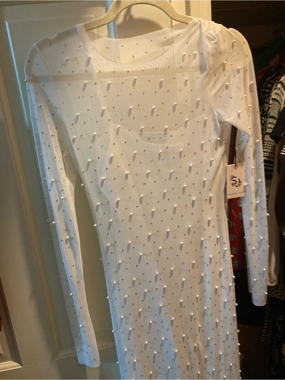White Long Sleeve Bodycon Pearl Dress